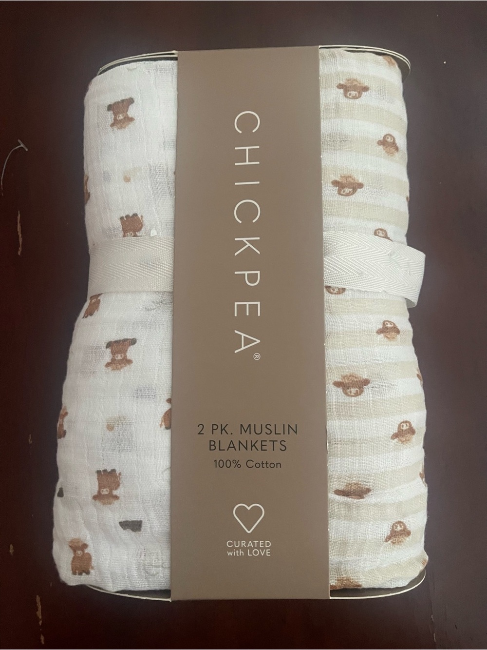 chick pea Muslin Baby Blankets - Cream with Brown Bear Print (2-Pack)